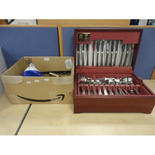 45 - Box containing assorted flatware and an Arthur Price part canteen of cutlery in fitted box.