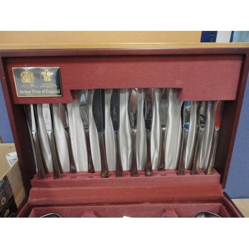 45 - Box containing assorted flatware and an Arthur Price part canteen of cutlery in fitted box.