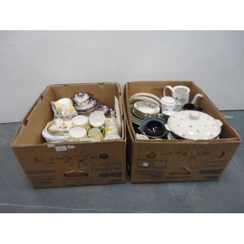 48 - Two boxes containing miscellaneous tea and dinnerwares to include Royal Standard, H & K Tunstall... 