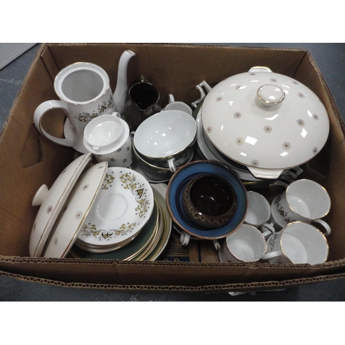 48 - Two boxes containing miscellaneous tea and dinnerwares to include Royal Standard, H & K Tunstall... 