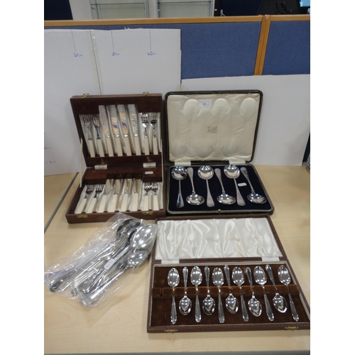 50 - Three cased sets of cutlery to include fish knives and forks, teaspoons, and a bag containing flatwa... 