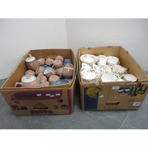 53 - Two cartons containing miscellaneous tea and dinnerwares to include Duchess 'Romance', Denby etc.
