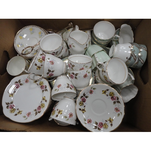 53 - Two cartons containing miscellaneous tea and dinnerwares to include Duchess 'Romance', Denby etc.