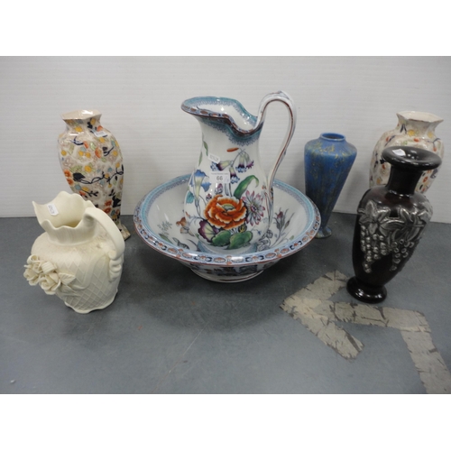 66 - Pottery toilet ewer and basin, a Bretby Ruskin-type vase, pair of vases and a jug etc.  (7)
