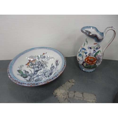 66 - Pottery toilet ewer and basin, a Bretby Ruskin-type vase, pair of vases and a jug etc.  (7)