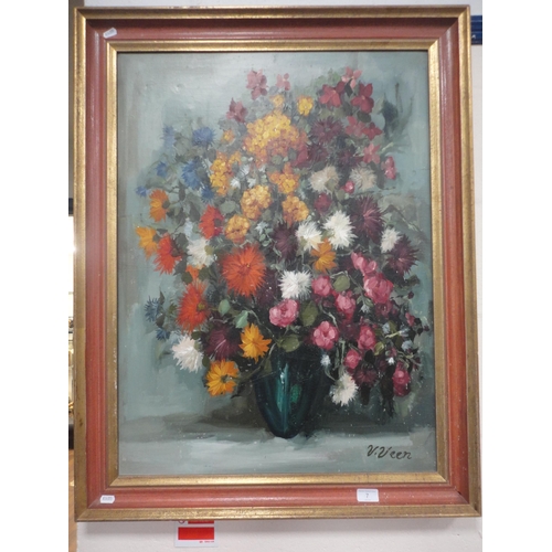 7 - V VeenVase of flowersSigned, oil on canvas.