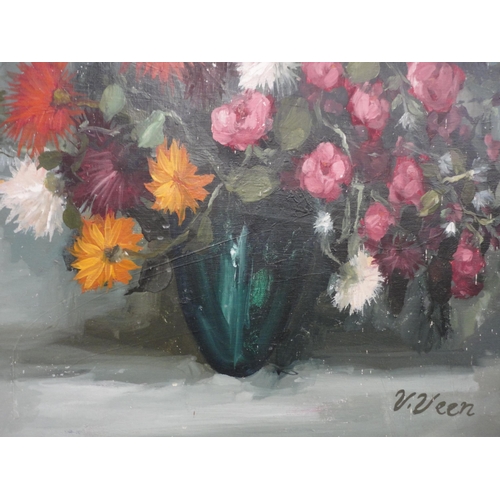 7 - V VeenVase of flowersSigned, oil on canvas.
