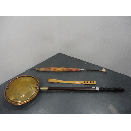 81 - Copper and brass bed warming pan, parasol, and a back scratcher.&nbsp; (3)