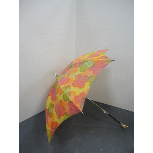 81 - Copper and brass bed warming pan, parasol, and a back scratcher.&nbsp; (3)