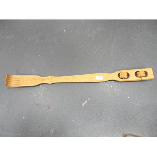 81 - Copper and brass bed warming pan, parasol, and a back scratcher.&nbsp; (3)