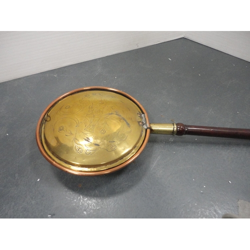 81 - Copper and brass bed warming pan, parasol, and a back scratcher.&nbsp; (3)