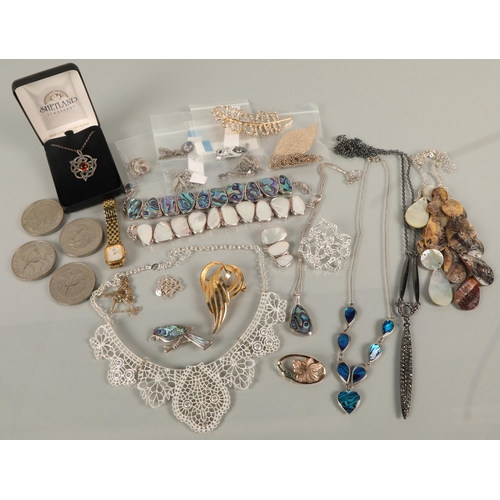 120 - Assorted jewellery including silver, Orkney, abalone shell, mother of pearl, brooches, costume