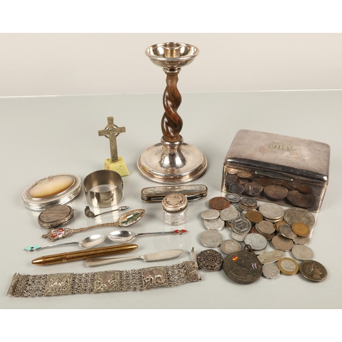 160 - Assorted white metal items including some silver, an Iona cross ornament, a candle stick with wooden... 