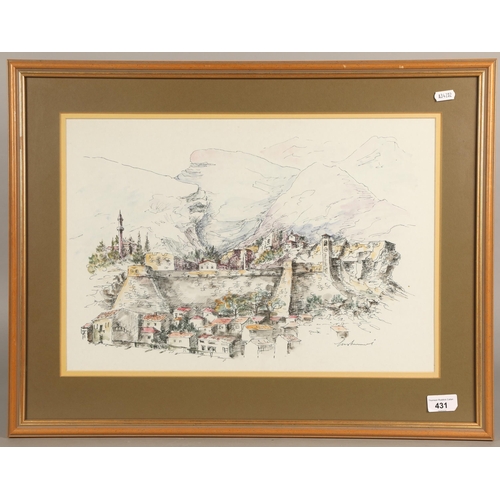 431 - Continental mountain town scene, watercolour, indistinctly signed bottom right, and two framed needl... 