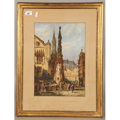 441 - A continental town centre scene in watercolour, a William Strutt framed print, and an historic map '... 