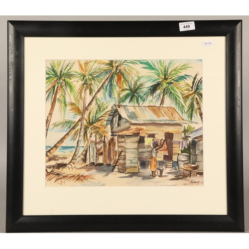 449 - Gilbert, possibly Paul, watercolour island scene, 32cm x 39cm