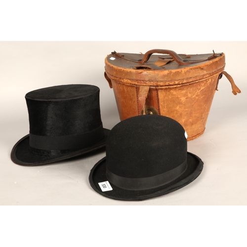 530 - Top hat by John Gibson of Ayr & bowler hat by The Grover Hatter of Glasgow with leather case... 