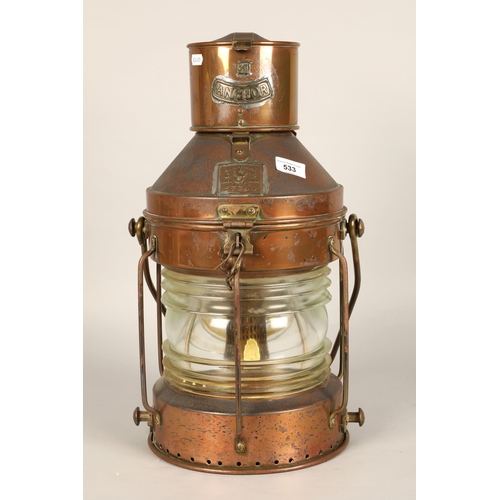 533 - Anchor Seahorse copper ship's lantern, no. 57760, 49cm high