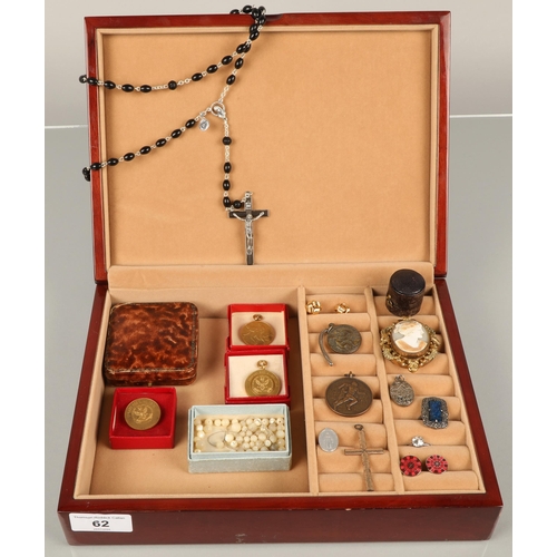 62 - Jewellery box containing St Aloysius College medals, brooches, cufflinks, etc