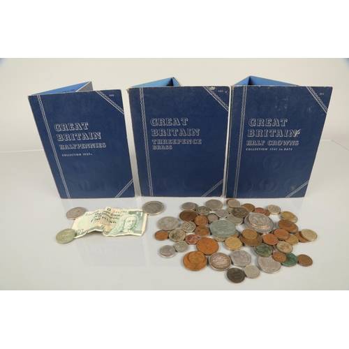 80 - Three British coin collecting folders including Threepence Brass, Half Pennies 1937-, and Half Crown... 