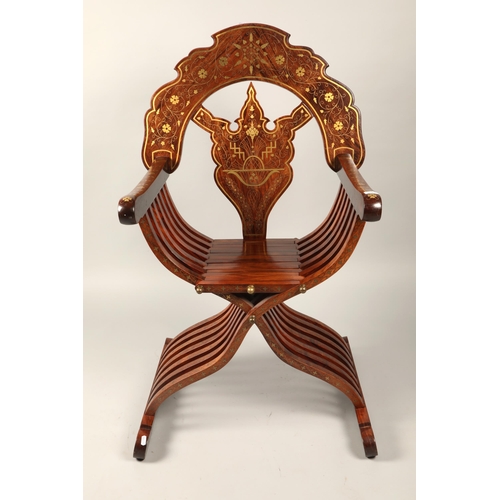 549 - Brass inlaid hall chair, 110cm high