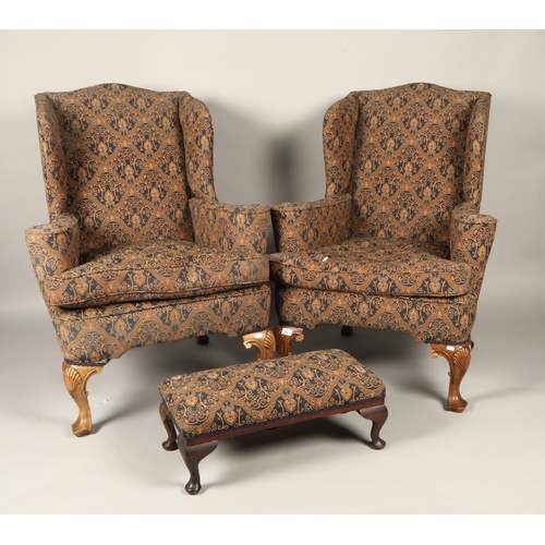 582 - Pair of floral upholstered armchairs with matching stool