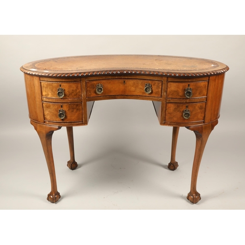 593 - Leather topped mahogany serpentine fronted writing desk raised on ball and claw feet, H 75cm, W 107c... 