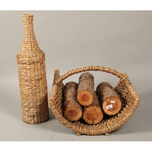 631 - Woven rattan log basket and bottle shaped decorative vase 67cm h