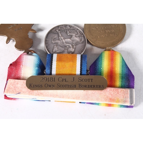 1289 - Medals of 9802 and 29181 Corporal J Scott of the Kings Own Scottish Borderers, comprising WWI war me... 