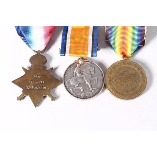 1290 - Medals of 17429 Private J Kirk of the Kings Own Scottish Borderers, comprising WWI war medal, victor... 