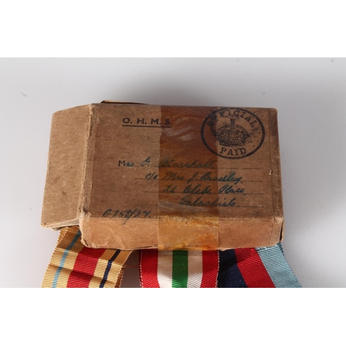 1463 - WWII war medal, defence medal, 1939-1945 star, Africa star and Italy star in cardboard issue box add... 