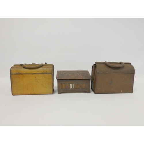 237 - Two early 20th century Huntley and Palmer biscuit tins in the form of Gladstone bags, and a Jacob an... 