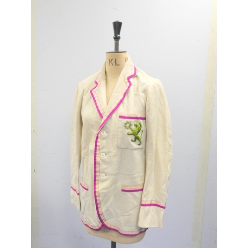 307 - A vintage Cambridge boating/college blazer by Bodger and Co Outfitters in cream with purple and pink... 