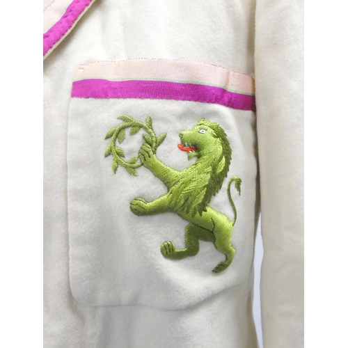 307 - A vintage Cambridge boating/college blazer by Bodger and Co Outfitters in cream with purple and pink... 