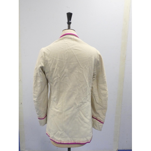 307 - A vintage Cambridge boating/college blazer by Bodger and Co Outfitters in cream with purple and pink... 