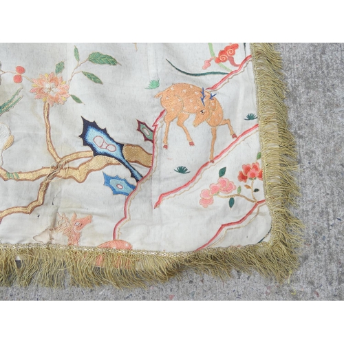 316 - Chinese silk embroidered bed cover with fringed border depicting two phoenix, exotic birds and flowe... 