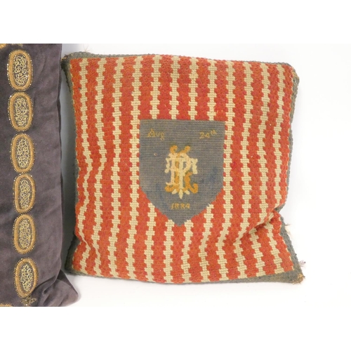 318 - A Victorian embroidered cushion bearing the crest for Hertford College, Oxford, the reverse monogram... 