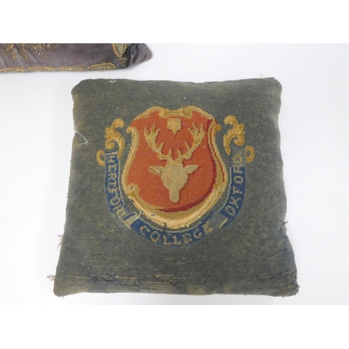 318 - A Victorian embroidered cushion bearing the crest for Hertford College, Oxford, the reverse monogram... 