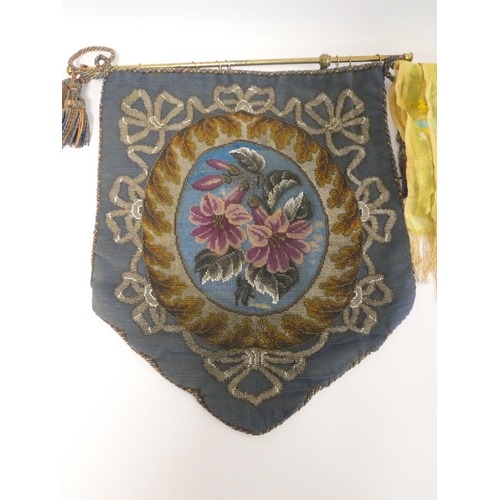 319 - Victorian embroidered fire screen panel with central floral motif encircled by beaded border, also a... 