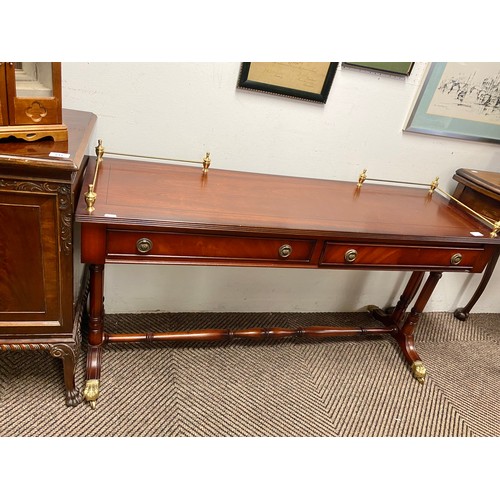 507 - Inlaid mahogany hall table with two fitted drawers, H 64cm, W 127cm, D 38cm