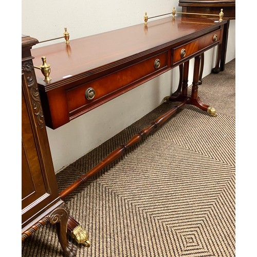 507 - Inlaid mahogany hall table with two fitted drawers, H 64cm, W 127cm, D 38cm