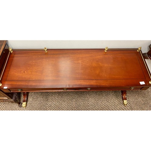 507 - Inlaid mahogany hall table with two fitted drawers, H 64cm, W 127cm, D 38cm