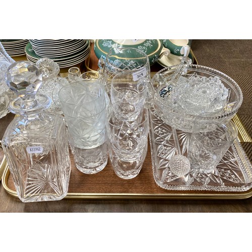 305 - Assorted cut glass crystal to include Bank of England Golfing Society decanter, ashtrays, tray, scen... 