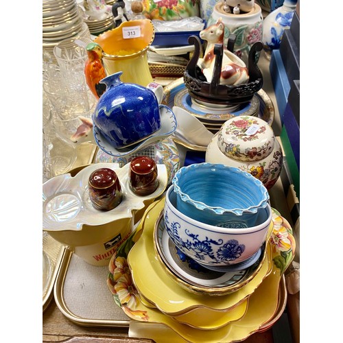 313 - Gilt Noritake side plates and bowl, Burleigh Ware parrot jug, Masons Ironstone ginger jar and other ... 