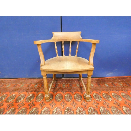 381 - Early 20th century oak smoker's low chair upon turned legs with stretchers Joseph Dixon, Whitehaven ... 