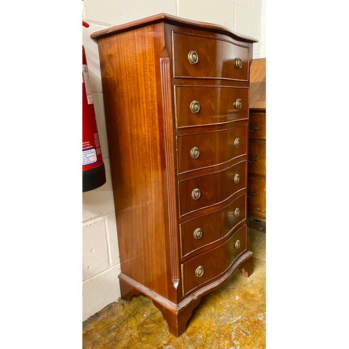 554 - Six-drawer mahogany serpentine chest , H 105cm, W 50cm, D 36cm