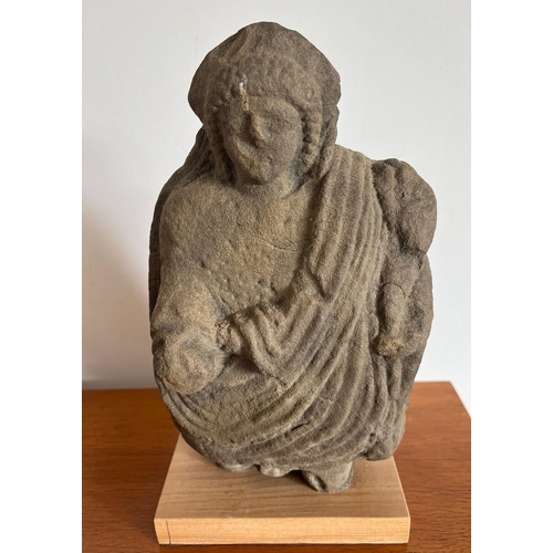 234 - Good reproduction of a Roman stone head & shoulders sculpture of a goddess holding a purse of je... 