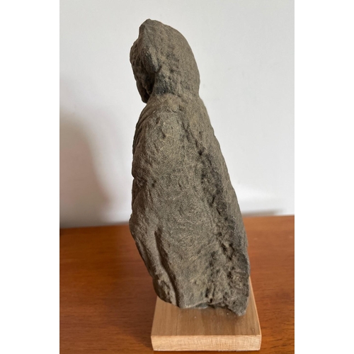 234 - Good reproduction of a Roman stone head & shoulders sculpture of a goddess holding a purse of je... 