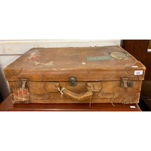 656 - Vintage leather travel trunk, stickers including Trocadero Hotel Bangkok, Ayr railway, etc.