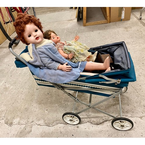 664 - Vintage child's pram and two dolls and some dolls house furniture